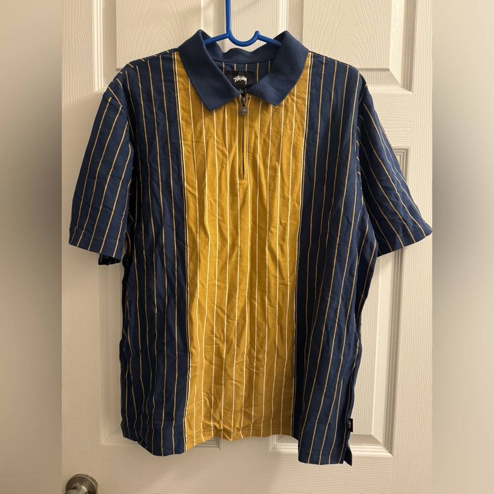 Stussy Half Zip Polo Tee - Blue Yellow with Strips